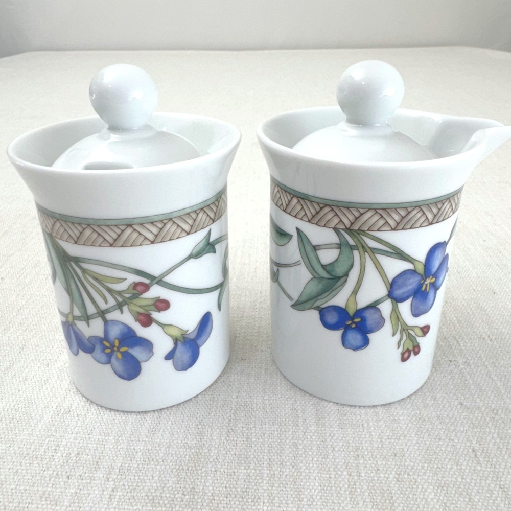 Dansk Umbrian Flowers Creamer and Sugar Bowl Set Portugal Ceramic Floral Blue